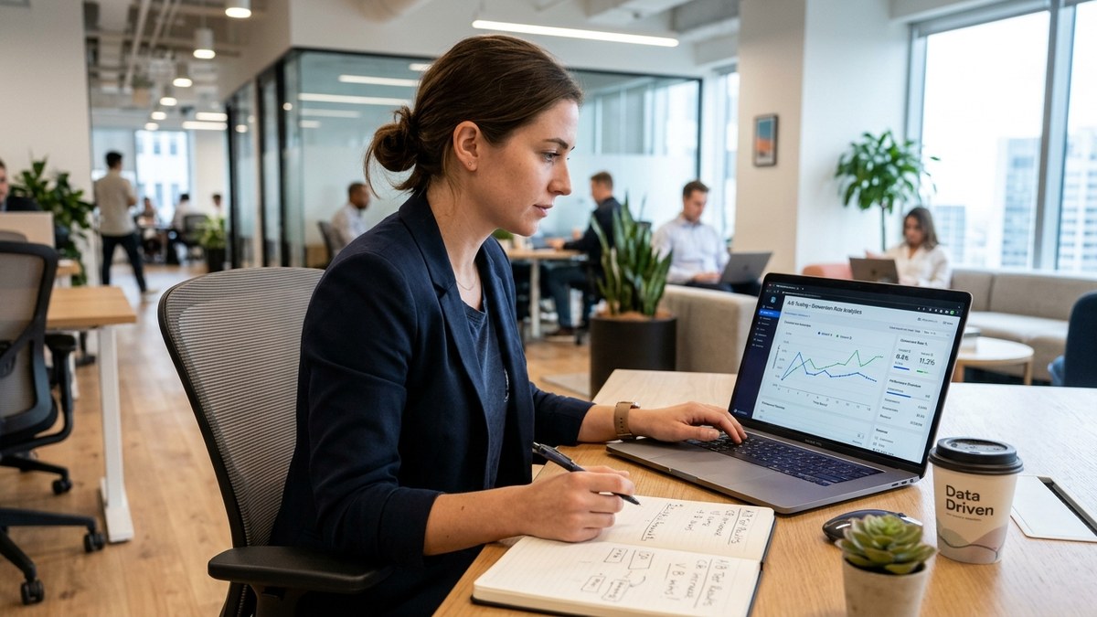 Digital growth marketer analyzing A B testing conversion rate analytics graph on modern laptop