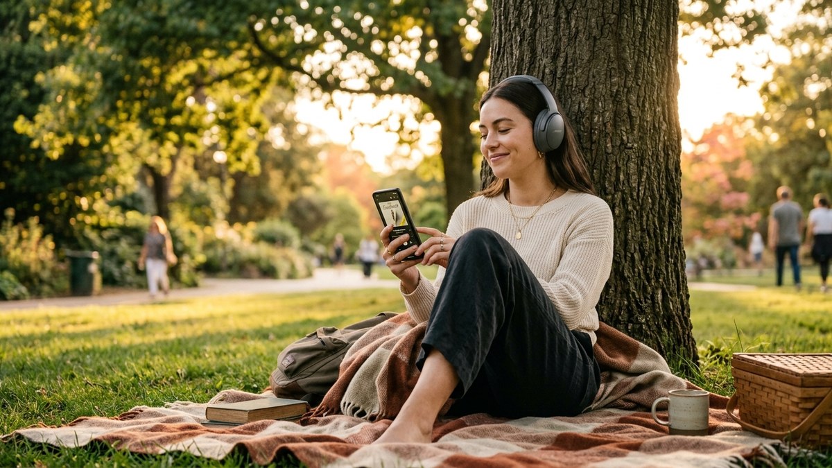 Person relaxing with premium over-ear headphones listening to an audiobook while holding smartphone in park