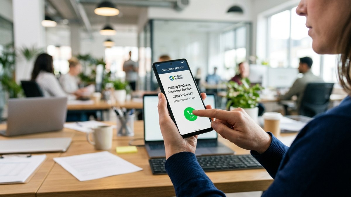 Customer tapping green telephone icon on smartphone to initiate immediate phone call with local business