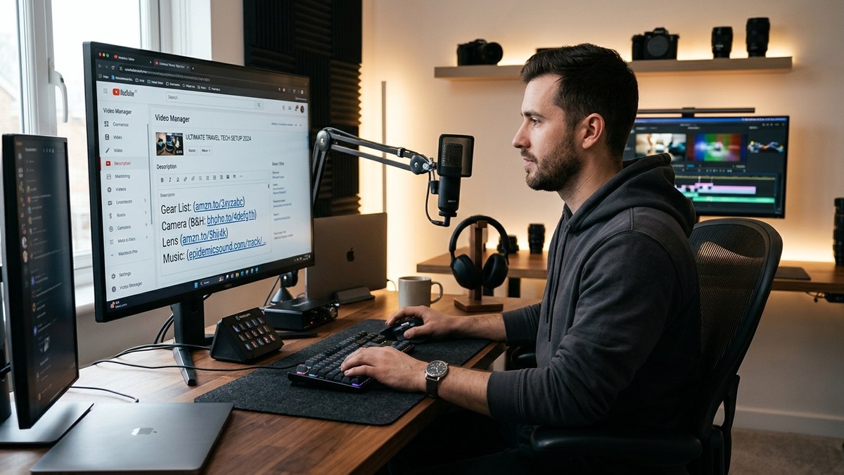 Video editor at editing desk reviewing YouTube Studio video descriptions and broken link error notices