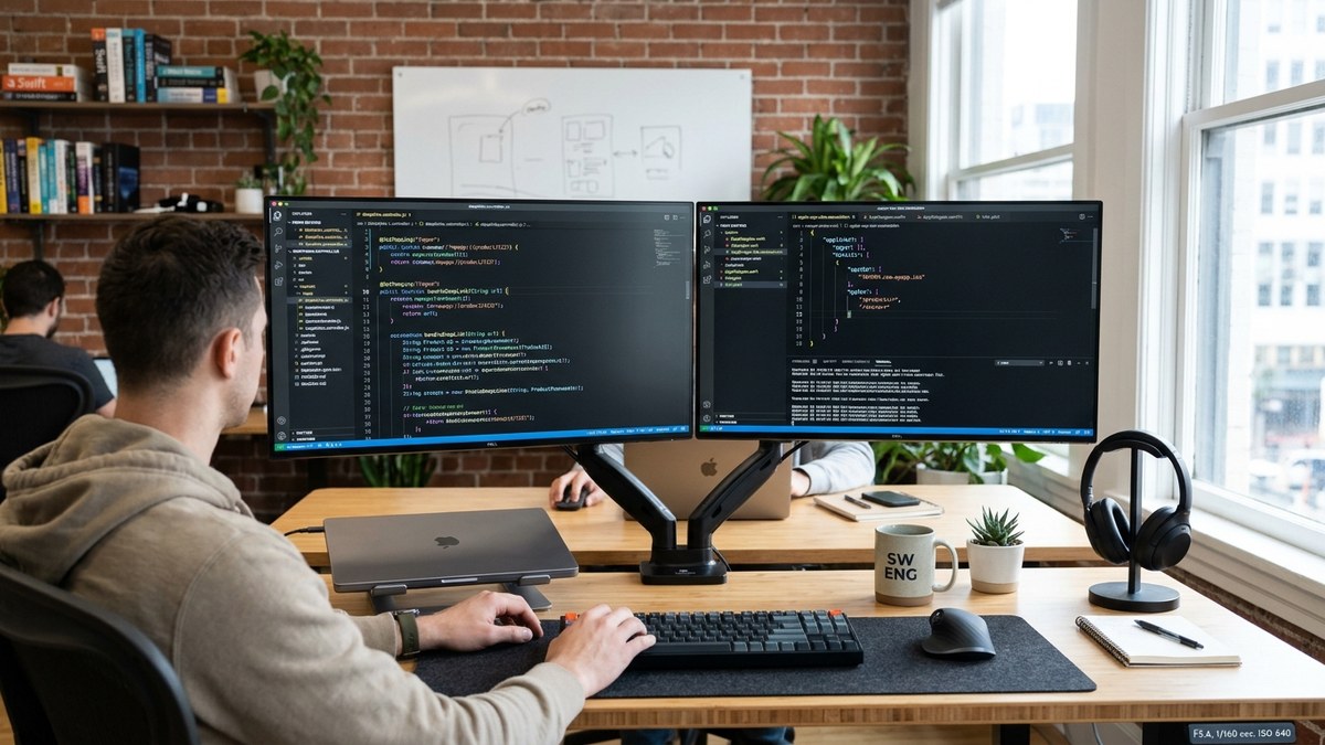 Software engineer workstation with dual monitors displaying mobile deep linking code URI schemes and architecture schemas