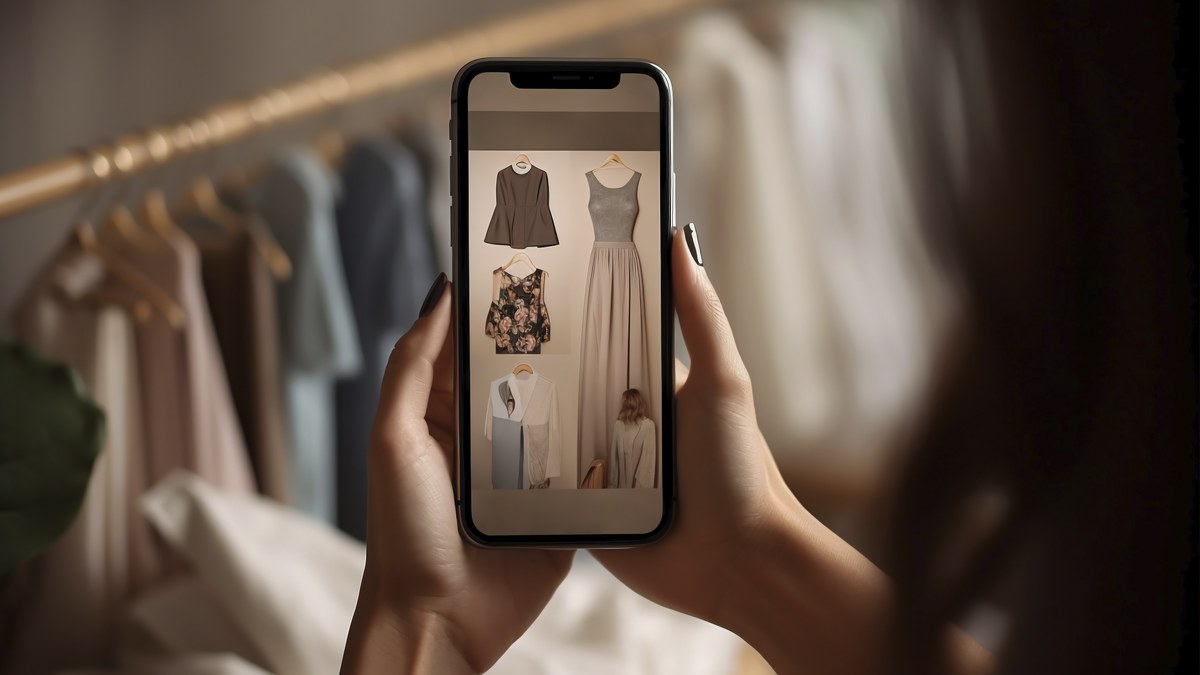 Boutique retail clothing and accessories displayed next to a smartphone showing a Telegram product catalog