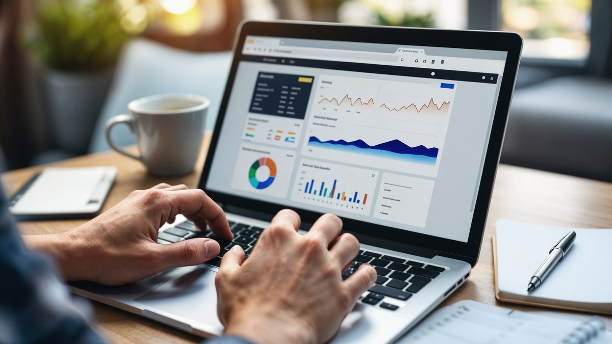 Marketer analyzing business data analytics dashboard on laptop screen with charts and metrics