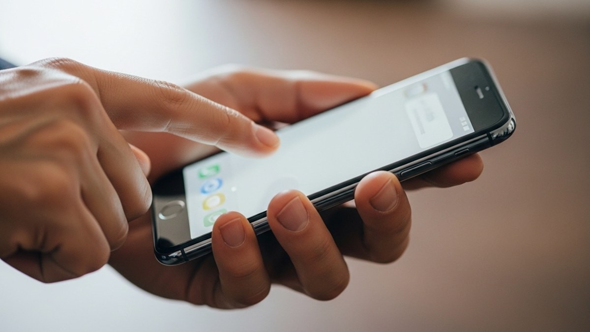 A person holding a mobile smartphone touching the glass touchscreen to navigate between native apps