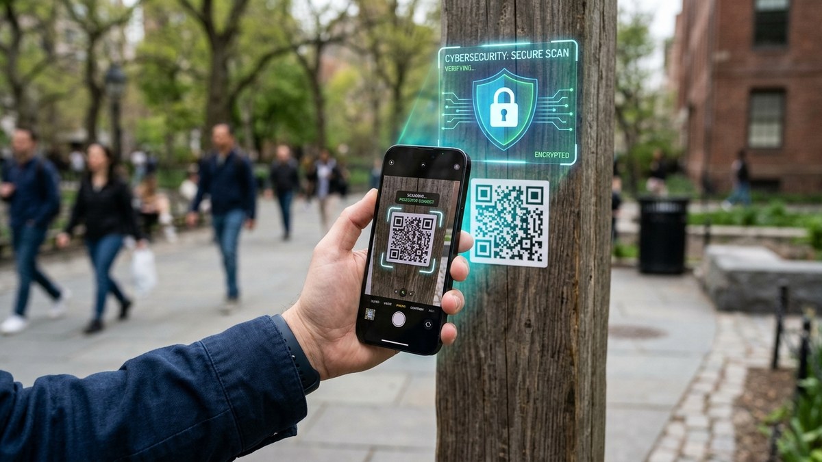 Hand holding smartphone scanning printed QR code sticker with digital cybersecurity warning shield overlay